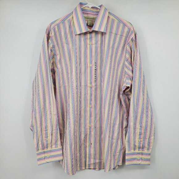 NWT Banana Republic Pink, Blue, Yellow Striped Collared Dress Shirt XL 17 - 17.5 - Picture 1 of 10